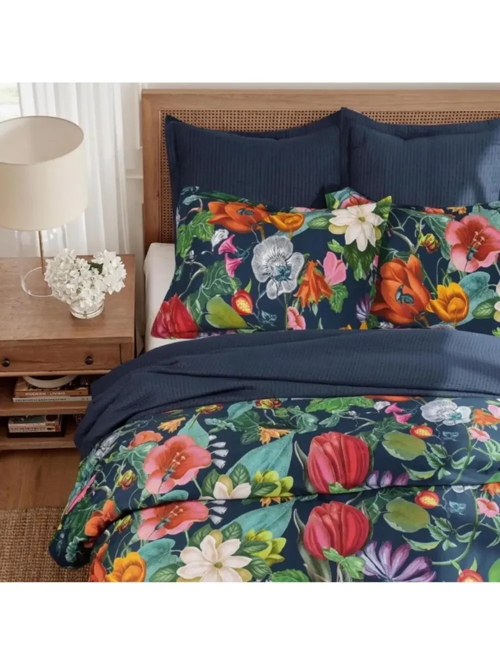 PB Style Floral Print Queen Duvet Sateen Cotton 3Piece Set Navy Blue Pink NWT